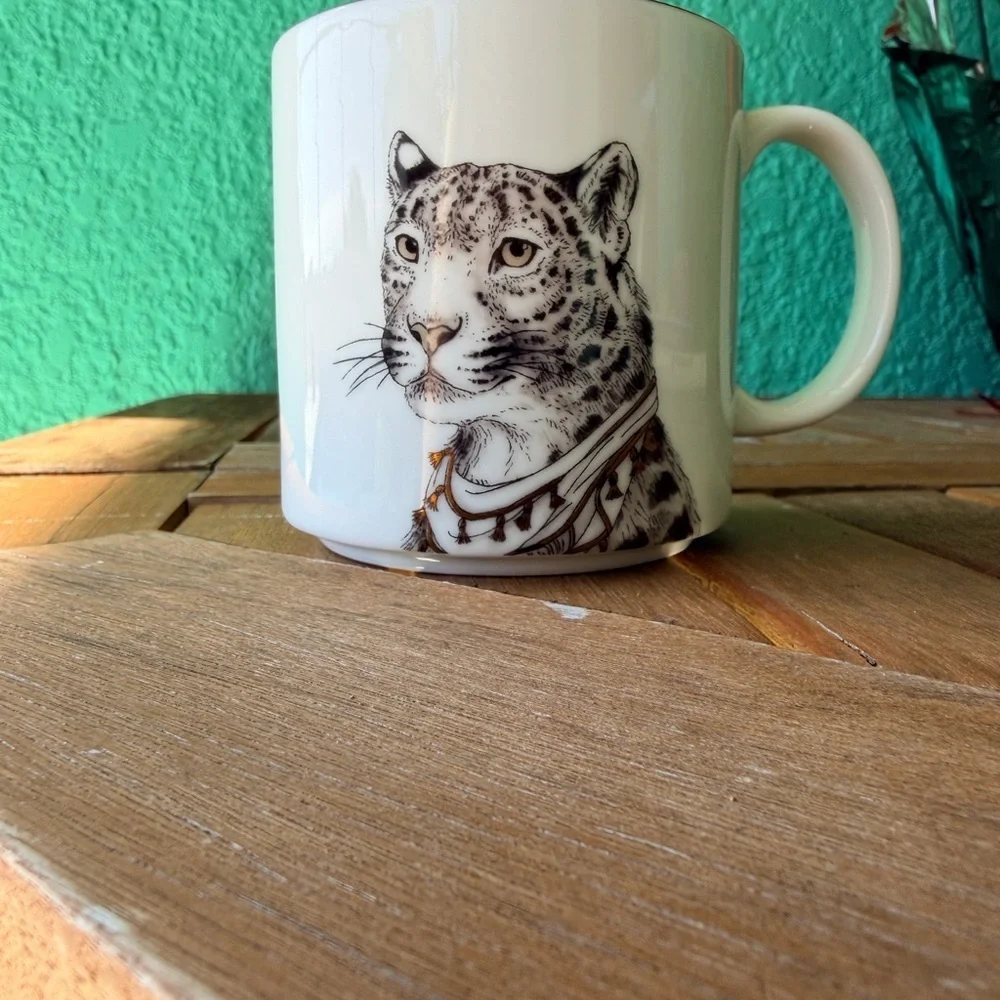 West Elm White Mug with Leopard Design